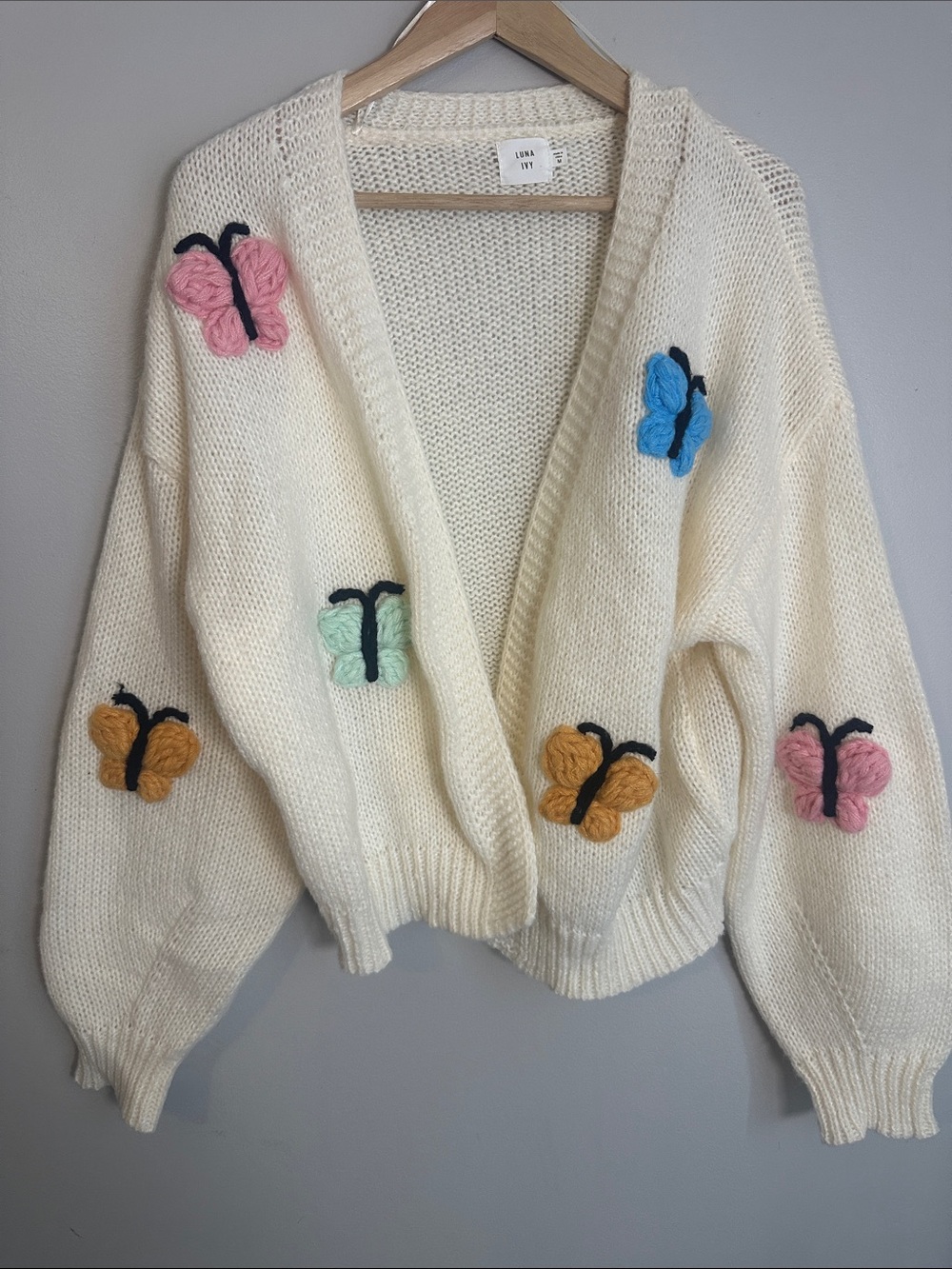 Luna Ivy Cream Open Knit Cardigan 3D Pastel Butterflies Sweater Medium